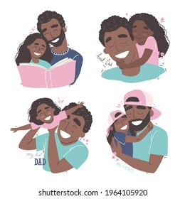 Black african american daughter hugs dad and smiling. Father and daughter vector illustration