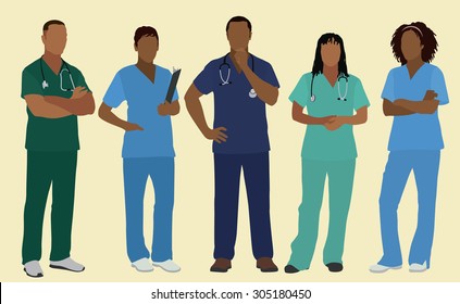 Black or African American Doctors, Nurses or Surgeons in Scrubs.