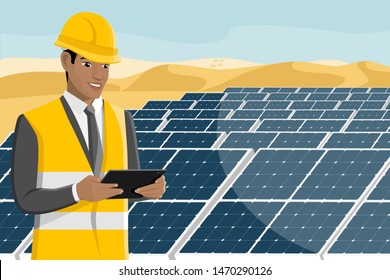 Black african american engeneer with tablet computer on a background of solar energy power station in a desert. Vector illustration