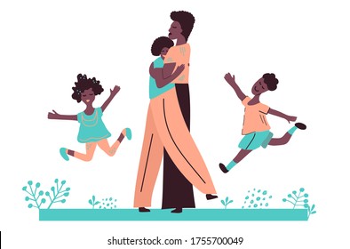 Black African American family. Father, mother, son and daughter. Couple hugs and children jump. Family vacations, outdoors. Hand drawn vector cartoon illustration isolated on white background