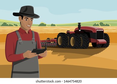 Black african american farmer controls an autonomous tractor on a smart farm. Vector illustration EPS10 