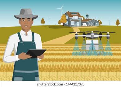 Black african american farmer with tablet control drone-sprayer. Digital transformation in agriculture and smart farming.