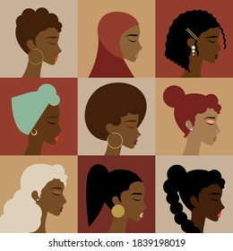 Black, African, African American Female Character Icon Set, Diversity Concept