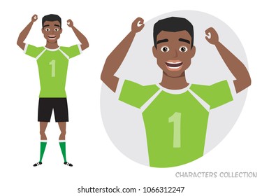 black african american football character. Soccer player. Emotion of joy and glee on the man face.