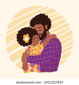 A Black African American Fother tenderly hugs her little daughter. He holds her in his arms. Pinc, Lilac, yellow colours. Vector illustration for magazines, postcards, websites