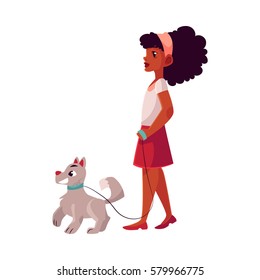 Black, African American girl walking with her white dog on a loose leash, cartoon vector illustration on white background.