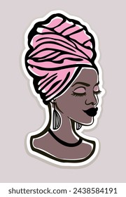 Black African American Girl Woman Lady Profile Portrait Silhouette drawing in Pink Headwrap, Melanin Afro Queen Turban head wrap. Beautiful female person face outline line art.Sticker.Poster.Print.