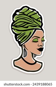 Black African American Girl Woman Lady Profile Portrait Silhouette drawing in green Headwrap, Melanin Afro Queen Turban head wrap.Beautiful female person outline line art.Sticker. Poster.Cricut.Print.