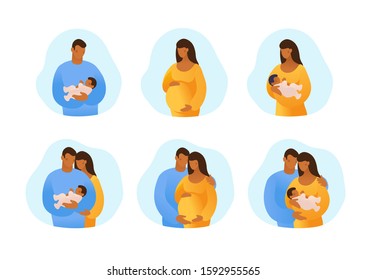 Black African American husband and wife, pregnancy and childbirth. Set of templates for design, antenatal care, postcards. Flat vector illustration isolated on white background.