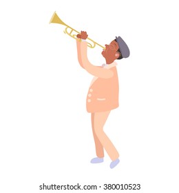 Black african american jazz trumpet player. Vector illustration isolated on white background. Music performance.