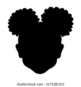 Black African American little small girl face portrait with two puffs ponytails on her head.Vector baby silhouette drawing illustration,curly wavy hair.Afro hairstyles.Curls.T shirt print.DIY cricut.