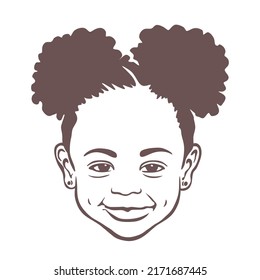 Black African American little small girl outline face portrait.Two brown puffs ponytails on her head.Vector baby silhouette drawing,curly wavy hair.Afro child hairstyles.Curls.T shirt print.DIY cricut