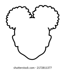 Black African American little small girl face portrait,two puffs ponytails on her head.Outline line baby silhouette drawing illustration,curly wavy hair.Afro hairstyles.Curls.T shirt print. DIY cricut