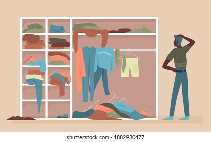 Hombre afroamericano de raza negra eligiendo ropa en la habitación de vectores de vestuario de ropa. Carácter masculino tratando de elegir qué usar, parado cerca de vestidor lleno de ropa, zapatos