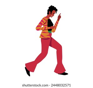 Negro, hombre afroamericano, tipo en 1980s estilo de la ropa bailando disco, Ilustración vectorial de dibujos animados aislado sobre fondo blanco. Hombre negro en la ropa del estilo de los años 80 bailando en la fiesta retro disco