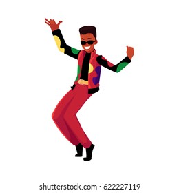 Black, African American man, guy in 1980s style clothes dancing disco, cartoon vector illustration isolated on white background. Black man in 80s style clothing dancing at retro disco party