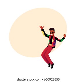 Black, African American man, guy in 1980s style clothes dancing disco, cartoon vector illustration with space for text. Black man in 80s style clothing dancing at retro disco party