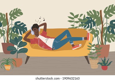 Black African American man in headphones lies on a sofa and listens to music. Relaxed man with eyes closed enjoying music. Music lover wall art. Vector trendy illustration Stay at home.