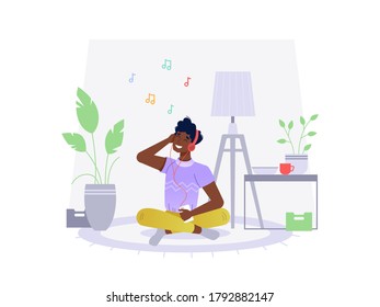 Black African American man listen music at home, sitting on floor, vector flat cartoon illustration. Afro-american young boy listening music on smartphone in earphones sitting in lotus pose in room