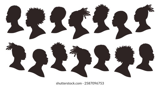 Black African American man profile. Hairstyle mwn. Set of portrait of men isolated. Hand drawn Profile silhouette man with various Hairstyles. Vector flat illustration