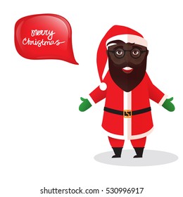 Black african american man. Santa Claus cartoon flat. Vector illustration isolated on white background. Smiling Santa modern hipster glasses. Merry Christmas decoration.