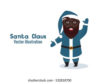 Black african american man. Santa Claus smiling. Blue Illustration isolated on white background. Merry Christmas and Happy New Year decoration. Cartoon character of modern man hipster.