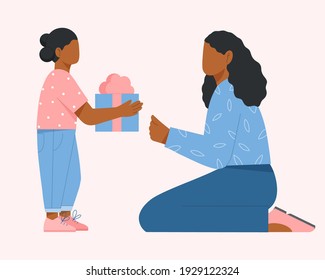 
Black african american mother receives a gift from her daughter. Happy Mother's Day. Flat vector illustration.