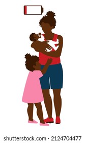 Black African American mother is tired and burnout from constant care of children. Stay at home mom. Unequal stress of parents in the family. The burden of responsibility of siblings. 