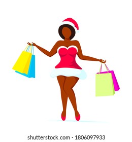 Black african american santa girl with shopping bags in hands. Shopping woman isolated on whte background. Woman plus size in a flat style.