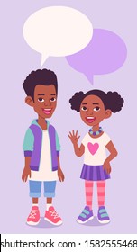 Black African American School Kids, Boy And Girl Full Length Characters Portrait. Standing And Smiling Children With Speaking Bubbles. Vector Comics Style Cartoon Illustration. 