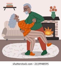 Black african american senior couple dancing together in the living room. Old lady and gentleman dancing romantically. Stylized vector hand drawn illustration. Happy multiracial family concept.