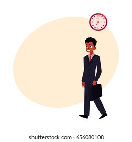 Black, African American smiling businessman in business suit holding briefcase, cartoon vector illustration with space for text. Black businessman, employee going to work in the morning