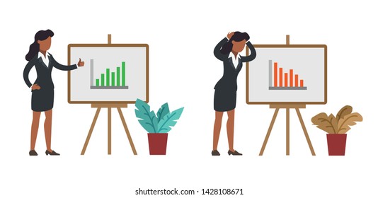 Black african american woman as business manager in office suit standing in front of board at presentation. Financial growth up chart and falling down. Flat modern vector illustration.