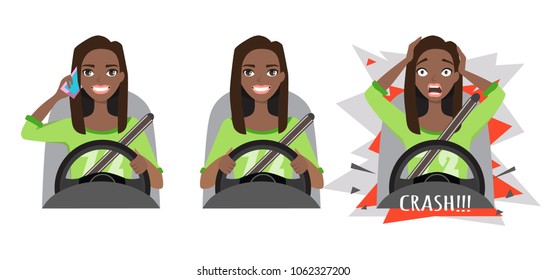 black african american woman driving a car. woman driving a car talking on the phone. The woman had an accident. crash