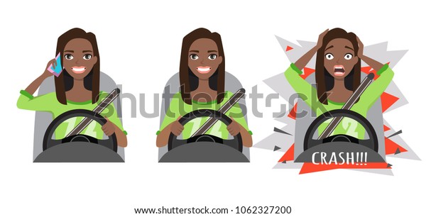 black\
african american woman driving a car. woman driving a car talking\
on the phone. The woman had an accident.\
crash