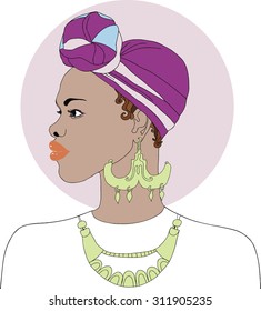 Black African American woman with earrings and necklace. Vector