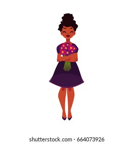 Black, African American woman, girl holding bunch of field flowers, cartoon vector illustration isolated on white background. 