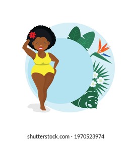 Black African American woman, plus size model in swimsuit, positive body concept, standing against blue background with tropical leaves. Womens day.