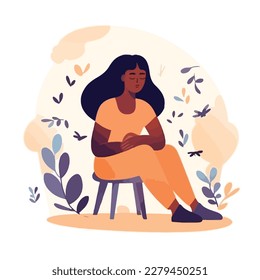 La mujer afroamericana negra recibe terapia cognitiva conductual para la ansiedad. Mes de salud mental materna. Concepto de tratamiento médico. Ilustración plana