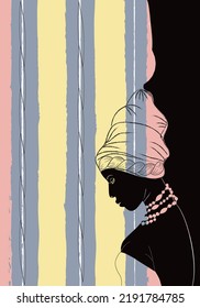 Black African American woman in a turban. Profile silhouette. Banner. Against the background of striped fabric. The background can be changed. Fashion print advertisement. Symbols, ethnicity. Digital 