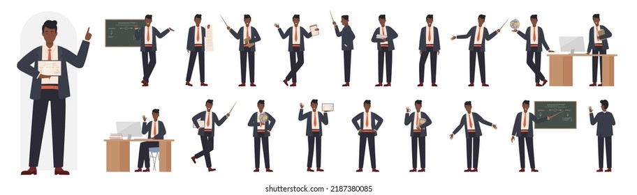 Black african american black young male teacher showing different poses and gestures set vector illustration. Cartoon man in suit holding pointer and globe explaining lecture front side and back view