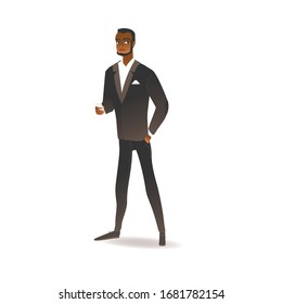 Black african american young man standing in tuxedo or suit. Black man and business man concept, isolated vector flat cartoon illustration.