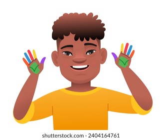 Black African boy with the genetic disease Down Syndrome got his hands dirty in multicolored paint. Expression on the face of a sunny child. Vector illustration in cartoon style.