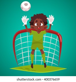 Black African Boy Goalkeeper Vector Illustration.  Cute Kid Playing Football Or Soccer