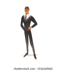 Black African businessman isolated on white background - cartoon business man in black suit standing in confident pose, hand drawn vector illustration