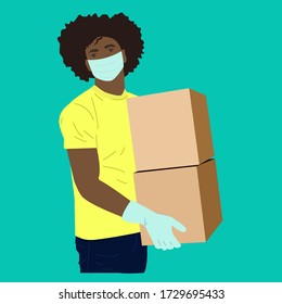 Black or African Delivery Man holding post boxes. Delivery of goods during the prevention of coronovirus, Covid-19. Courier in a glovs and mask with a box in his hands. Isolated.