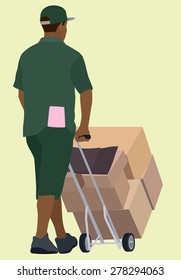 Black or African Delivery Man Pushing Hand truck Viewed from Behind