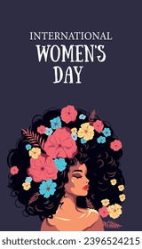 Black African girl banner. Side pose. Beautiful pink lush flowers in your hair. Hairstyle. Poster for Women's Day. Vector flat bright illustration. Place for text