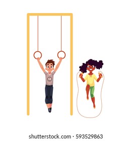 Black African girl and Caucasian boy playing with gymnastic rings and jumping rope at playground, cartoon vector illustration isolated on white background. Friends having fun at the playground