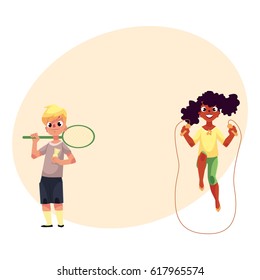 Black African girl and Caucasian boy playing with jumping rope and badminton racket at playground, cartoon vector illustration with space for text. Friends having fun at the playground